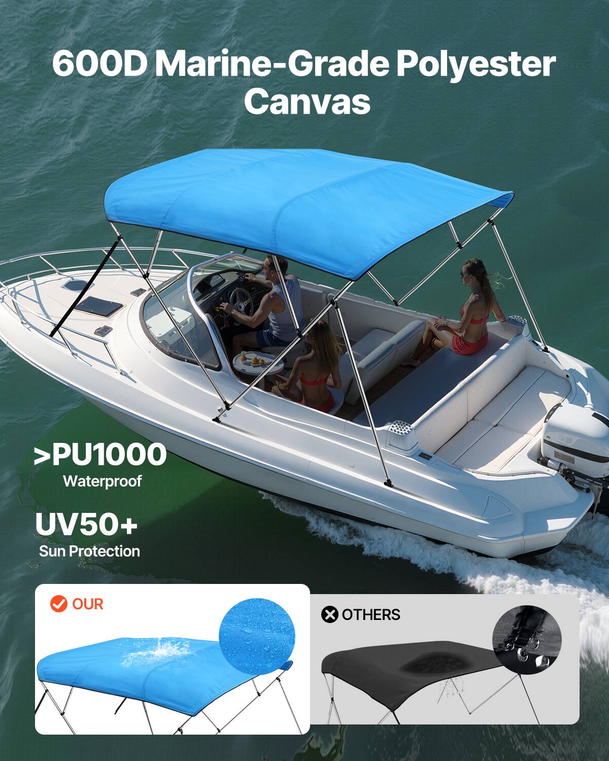 Vevor - VEVOR Bimini bateau 4 arceaux, 243x137x216-228 cm, alu, polyester 600D, bleu. - Image 2
