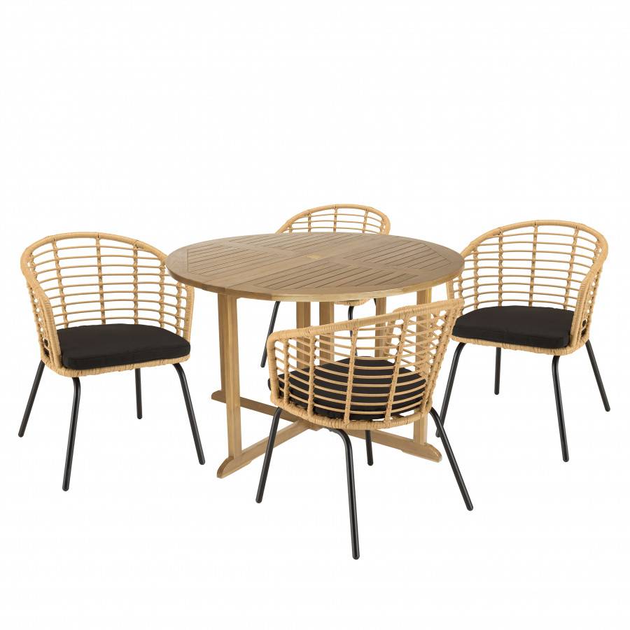 Macabane - MALO - SALON DE JARDIN 4 PERS. - 1 Table ronde 120x120cm et 4 fauteuils beiges et noirs - Image 1