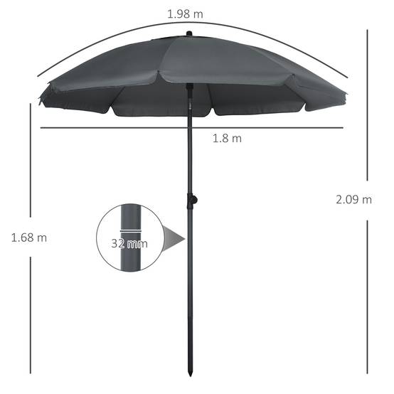 Parasol de plage 1,8x2 m, en polyester et acier à 8 baleines avec inclinaison 45°, gris - Image 5
