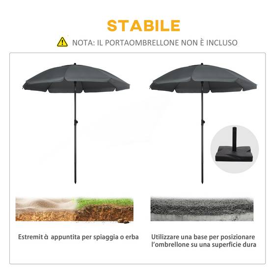 Parasol de plage 1,8x2 m, en polyester et acier à 8 baleines avec inclinaison 45°, gris - Image 9