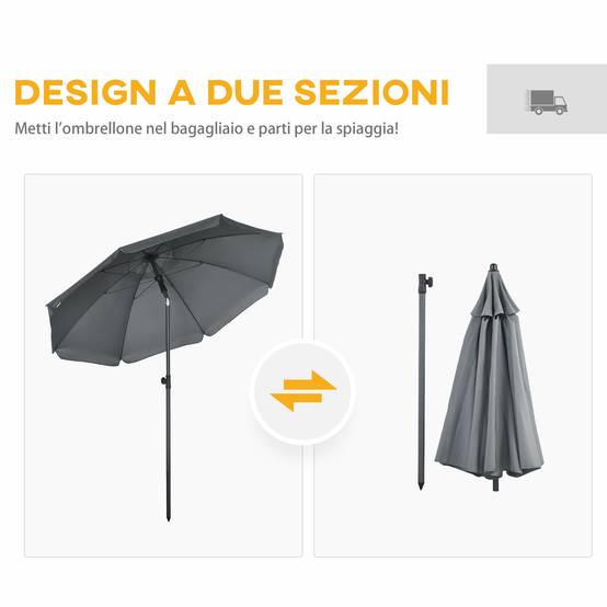 Parasol de plage 1,8x2 m, en polyester et acier à 8 baleines avec inclinaison 45°, gris - Image 10
