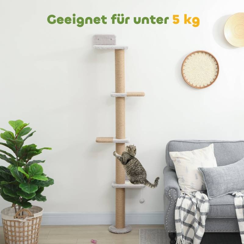 Arbre à chat mural 180cm avec 5 niveaux griffoirs en sisal et peluche Gris clair – ComfortXL Outdoor Living - Image 7