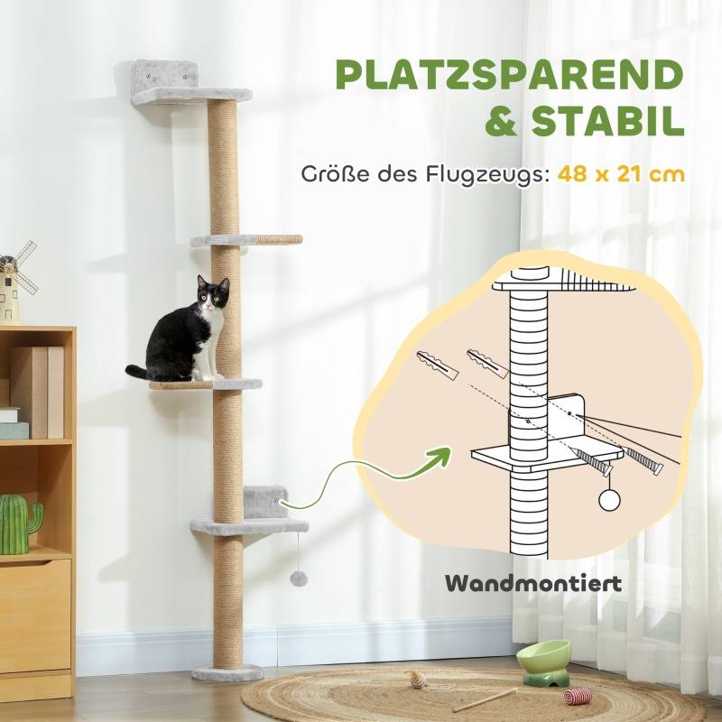 Arbre à chat mural 180cm avec 5 niveaux griffoirs en sisal et peluche Gris clair – ComfortXL Outdoor Living - Image 5