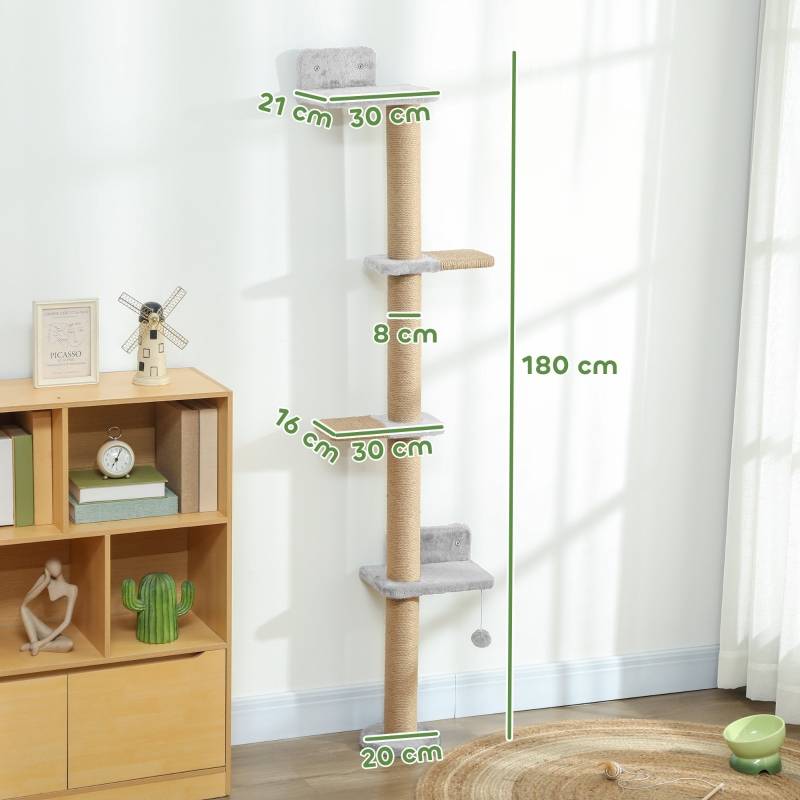 Arbre à chat mural 180cm avec 5 niveaux griffoirs en sisal et peluche Gris clair – ComfortXL Outdoor Living - Image 3