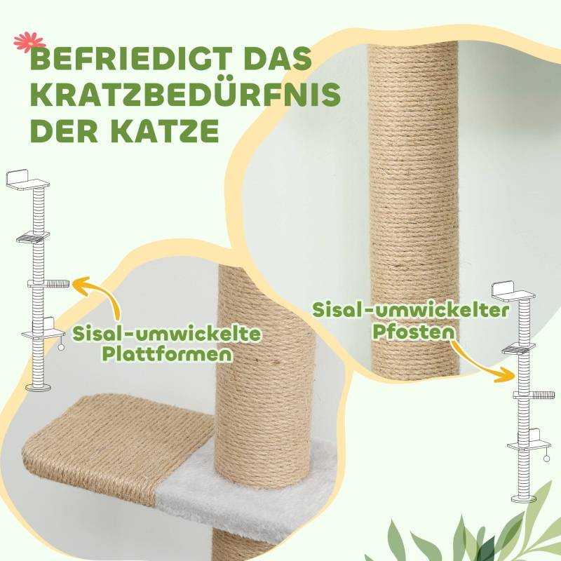 Arbre à chat mural 180cm avec 5 niveaux griffoirs en sisal et peluche Gris clair – ComfortXL Outdoor Living - Image 6