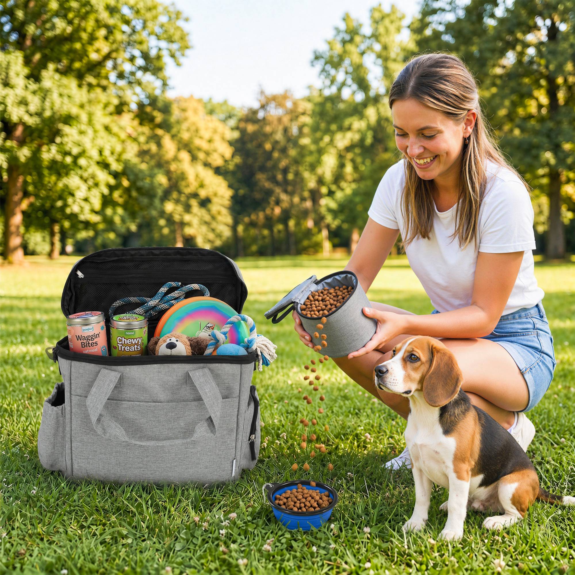 Sac de voyage pour chien avec 2 compartiments à friandises et poches pliables pour gamelles, gris clair - Image 3