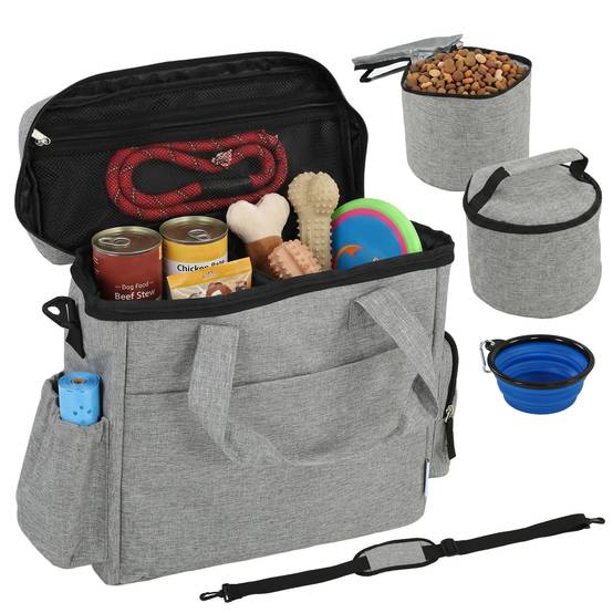 Sac de voyage pour chien avec 2 compartiments à friandises et poches pliables pour gamelles, gris clair - Image 1