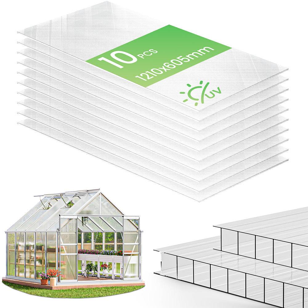 Lot de 10 plaques en polycarbonate alvéolaire 6 mm - 121 x 60,5 cm transparent - double paroi creuse - pour serre - VOUNOT® - Image 1
