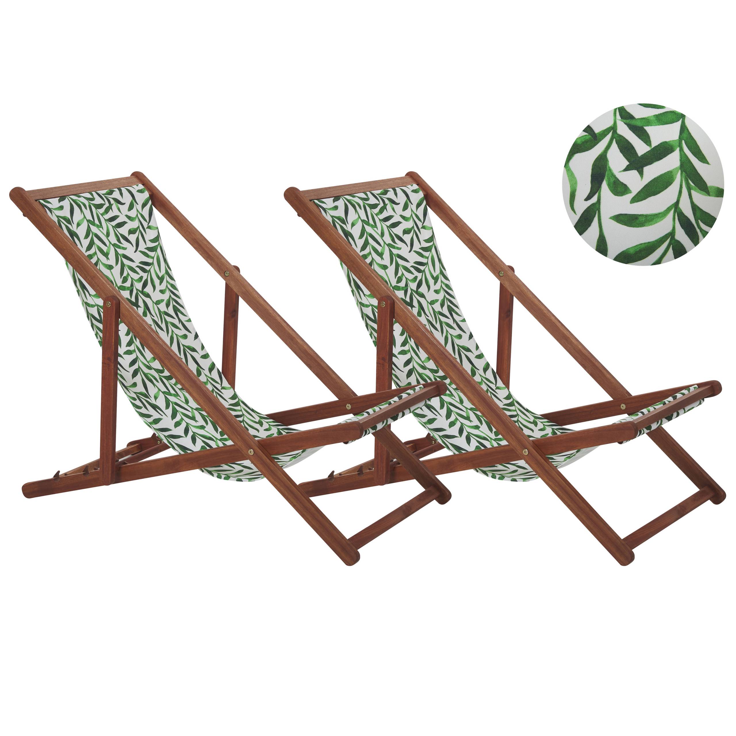 Beliani - 2 Transats Chaises Chiliennes Pliantes et Réglables en Bois d'Acacia Clair et Tissu Vert avec Toiles de Remplacement - Image 1