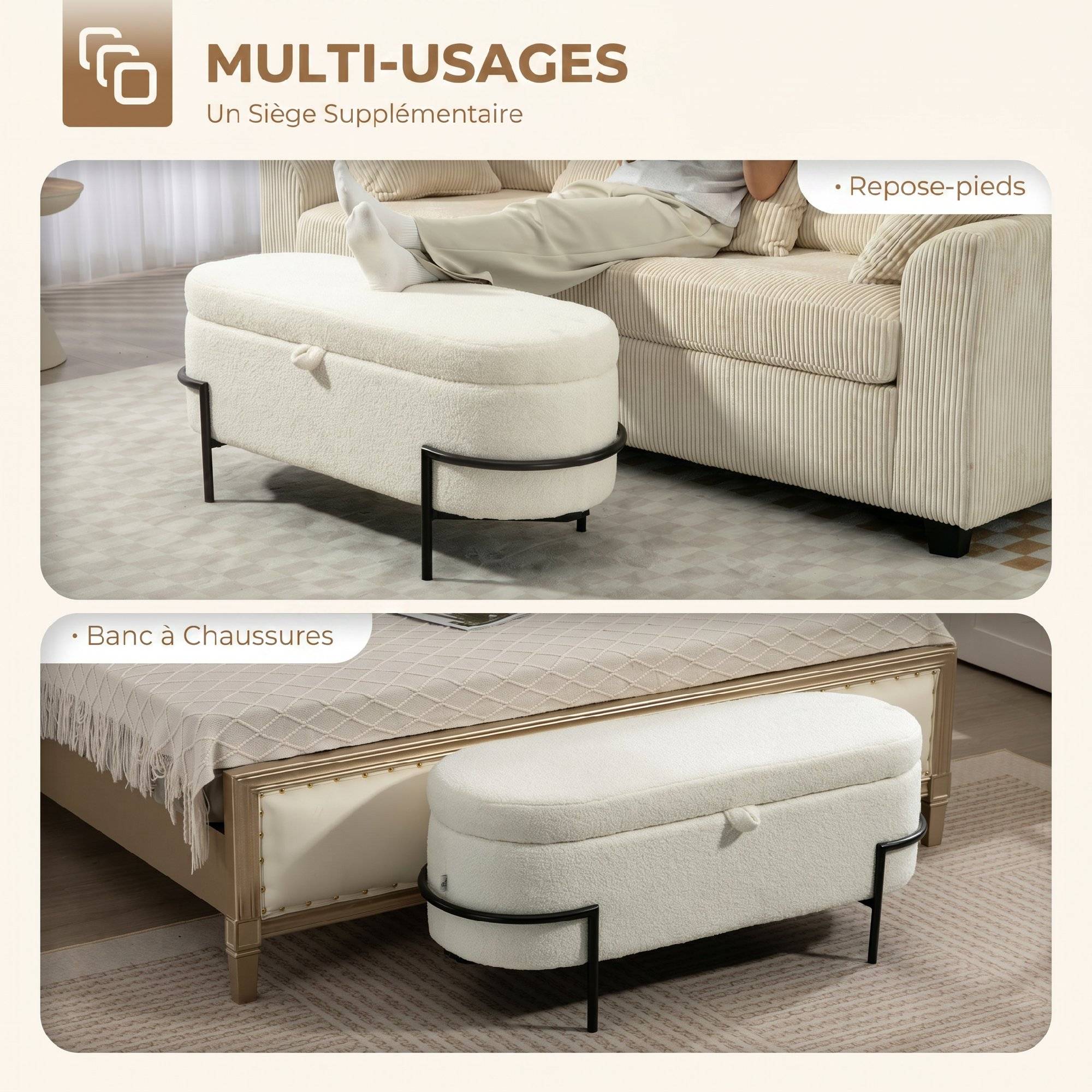 Banc de rangement, banc coffre de rangement en tissu bouclette avec couvercle relevable et pieds en acier, crème - Image 9