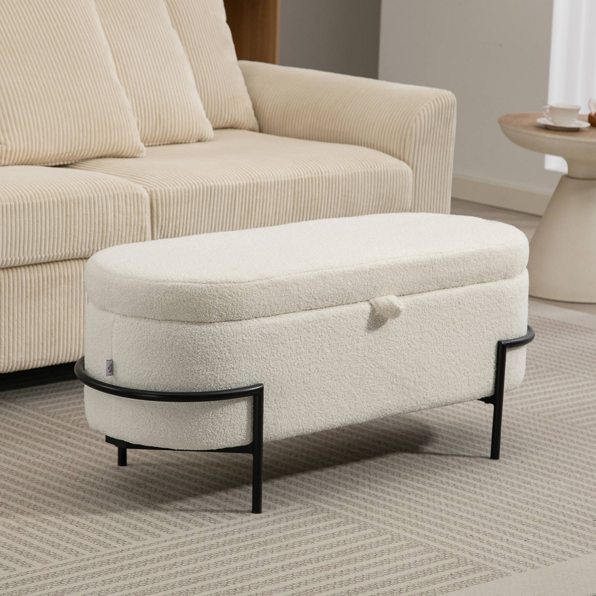 Banc de rangement, banc coffre de rangement en tissu bouclette avec couvercle relevable et pieds en acier, crème - Image 4
