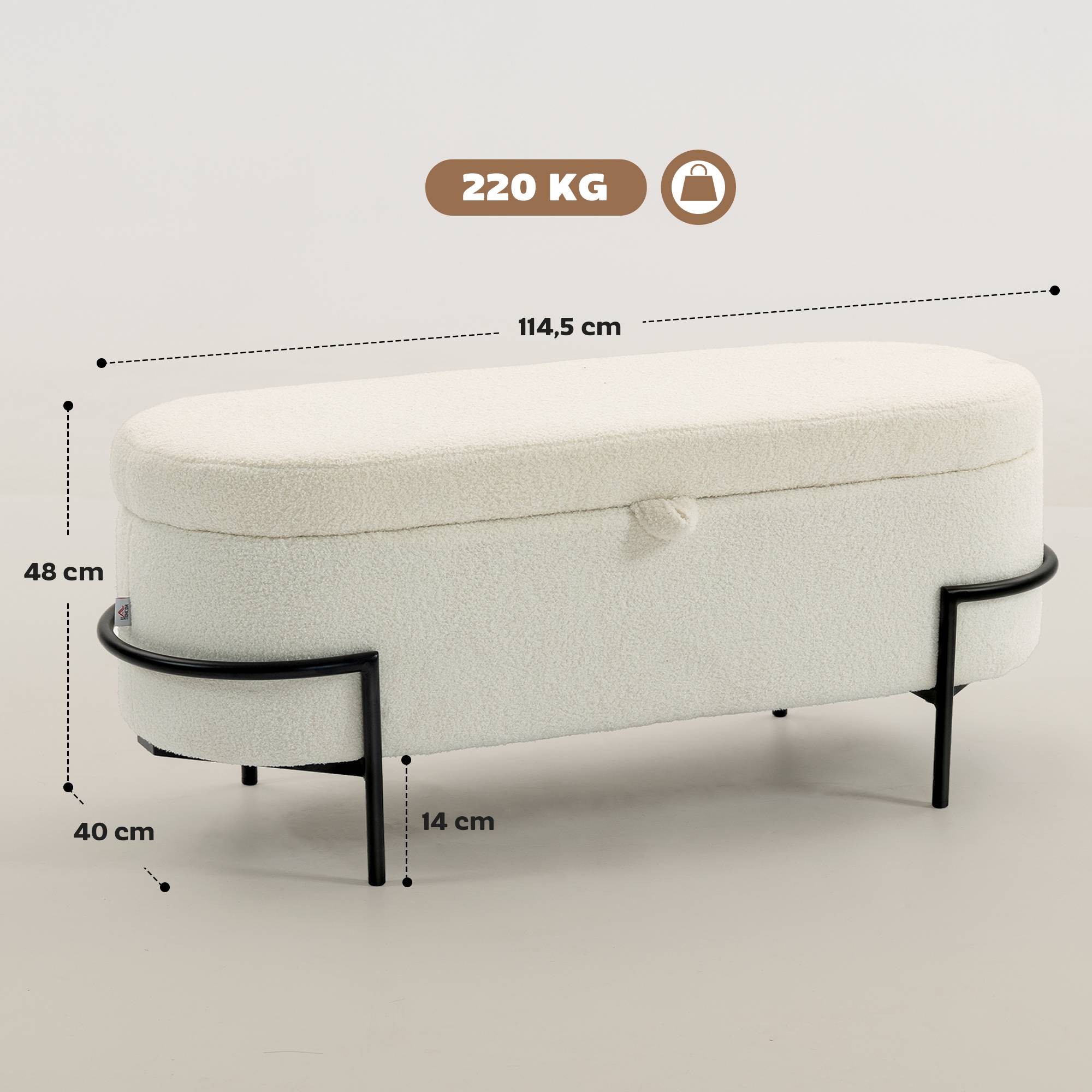 Banc de rangement, banc coffre de rangement en tissu bouclette avec couvercle relevable et pieds en acier, crème - Image 5