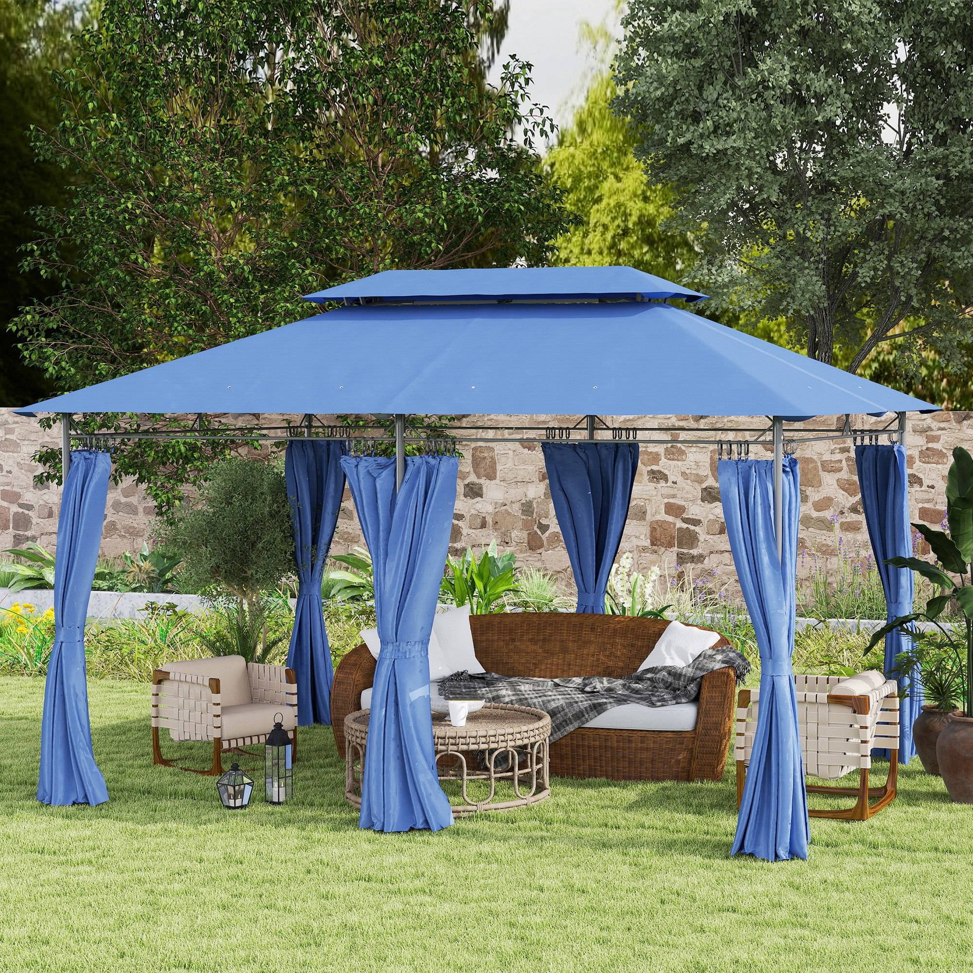 Outsunny - Tonnelle de jardin 3x4m avec 6 rideaux amovibles double toit pour patio terrasse festival bleu foncé - Outsunny - Image 2