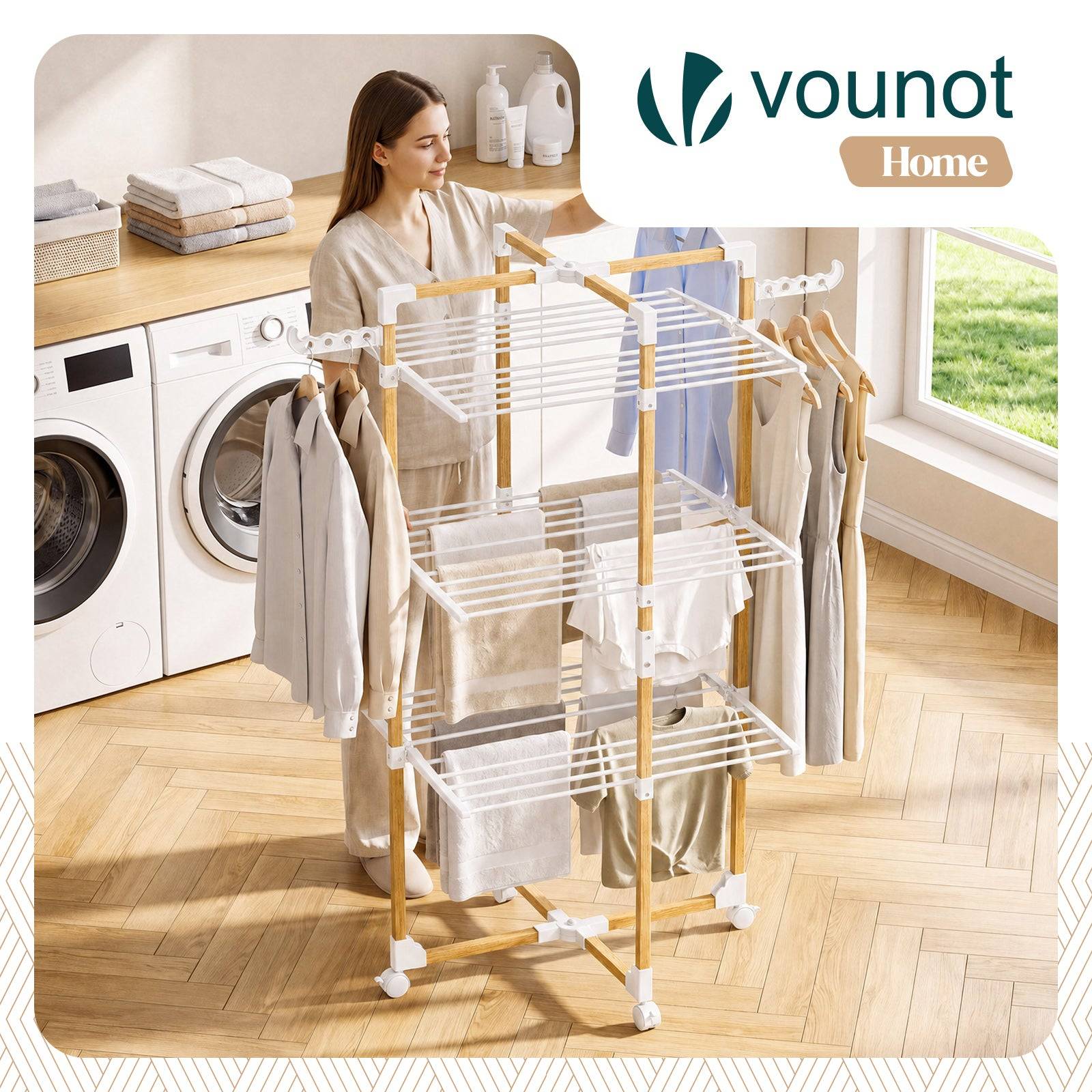 Vounot - Séchoir à linge tour pliable 99x69x135,5cm, Étendoir 3 niveaux grande capacité avec roulettes, 25m d’étendage, Blanc, VOUNOT® - Image 2