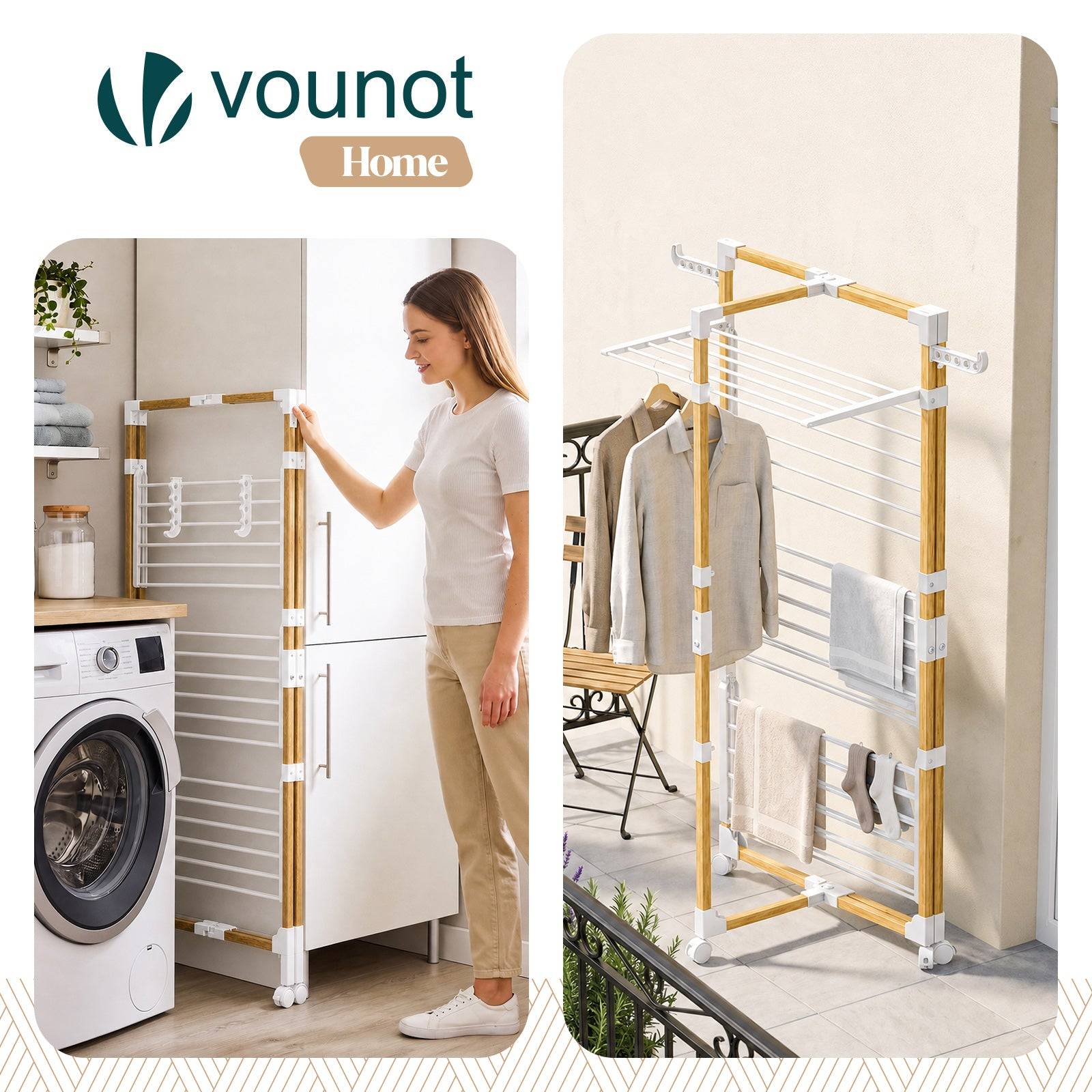 Vounot - Séchoir à linge tour pliable 99x69x135,5cm, Étendoir 3 niveaux grande capacité avec roulettes, 25m d’étendage, Blanc, VOUNOT® - Image 7