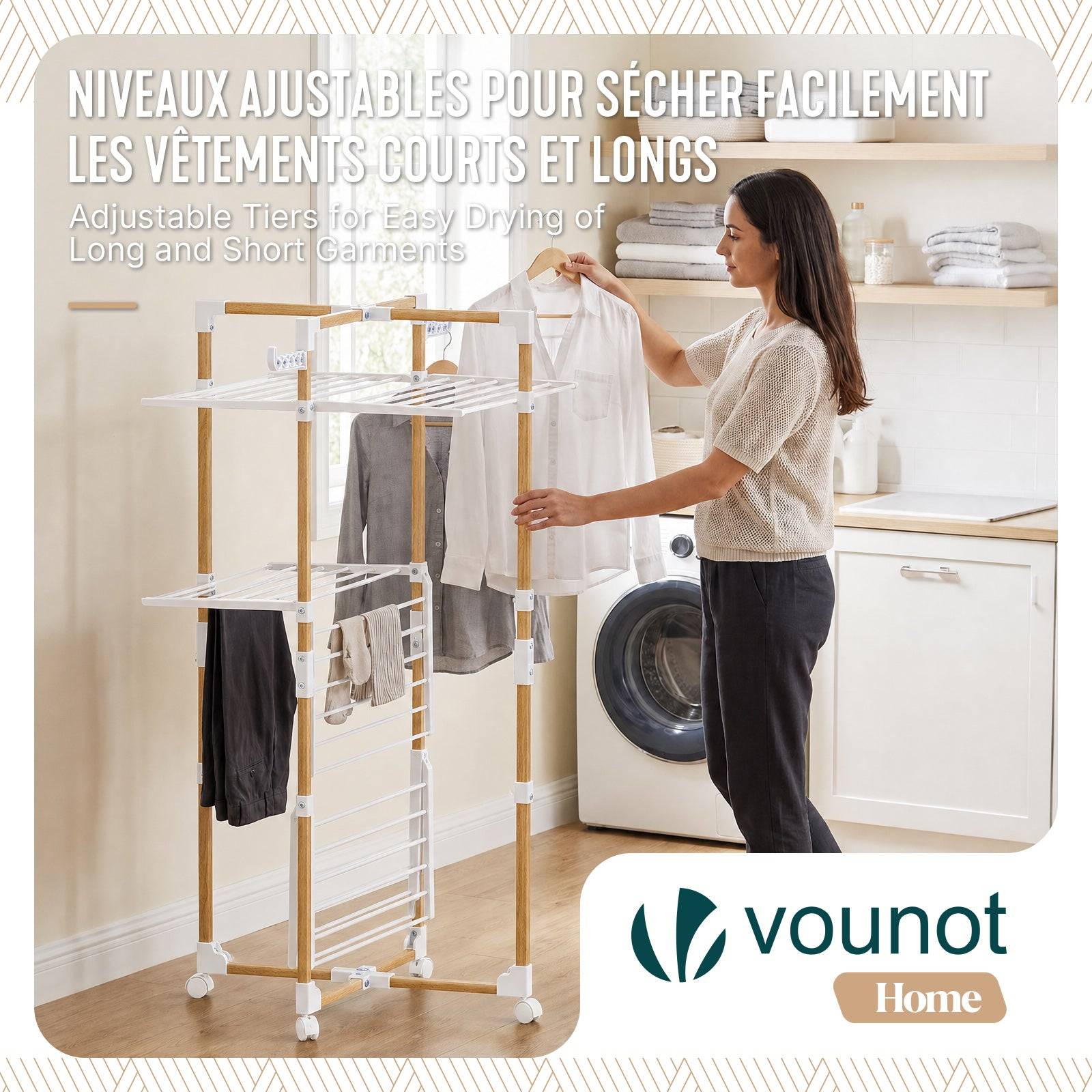 Vounot - Séchoir à linge tour pliable 99x69x135,5cm, Étendoir 3 niveaux grande capacité avec roulettes, 25m d’étendage, Blanc, VOUNOT® - Image 4