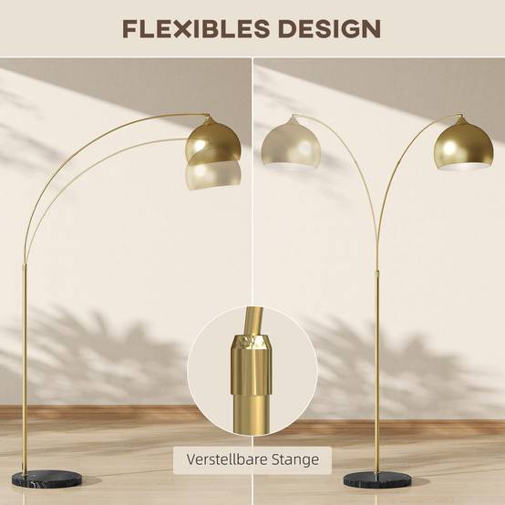 Lampadaire arqué, hauteur réglable, interrupteur au pied, base effet marbre, 170-180 cm, or/noir - Image 7