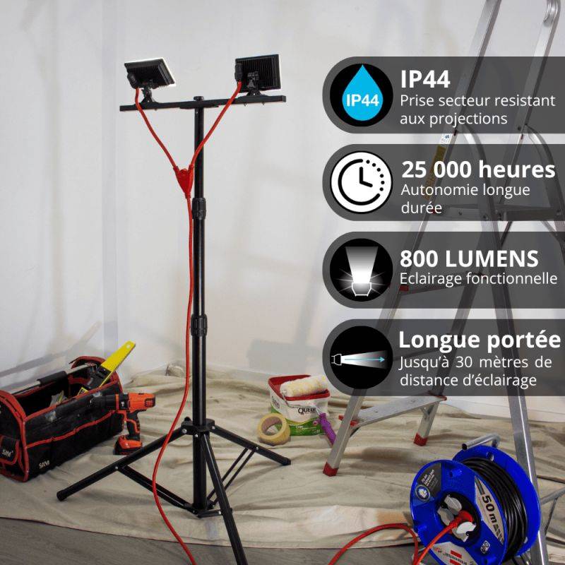 Xanlite - Projecteur de Chantier LED sur Pied, Filaire, x2 Projecteurs 20 W, 2800 Lumens - PR20W2T - Image 4