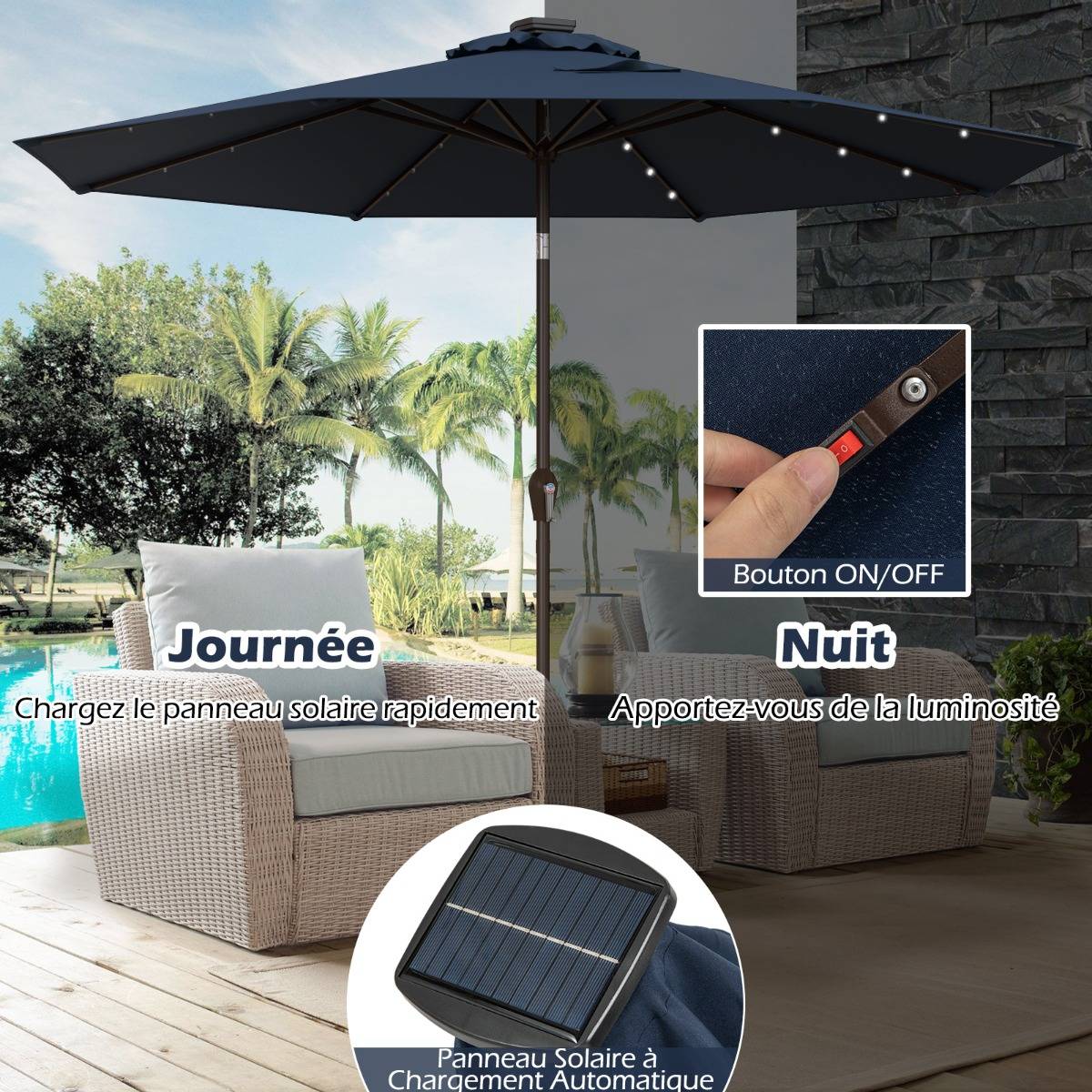Maison Chic - Parasol Inclinable Dia. 300 cm avec 24 Lumières LED Dolaire en Scier Toile Polyester pour Jardin et Terrasse Bleu Foncé - Image 7