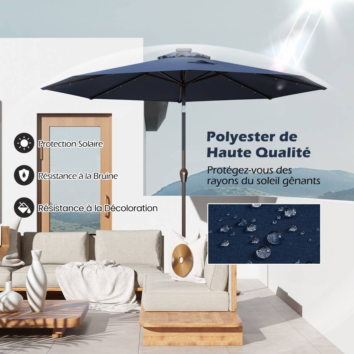 Maison Chic - Parasol Inclinable Dia. 300 cm avec 24 Lumières LED Dolaire en Scier Toile Polyester pour Jardin et Terrasse Bleu Foncé - Image 5