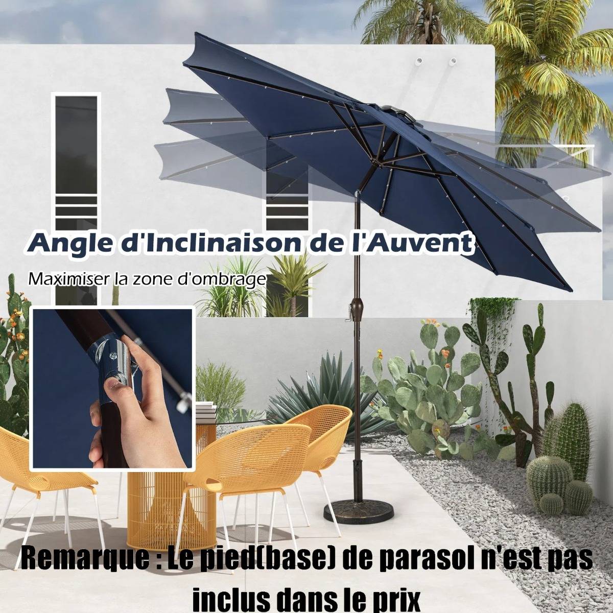 Maison Chic - Parasol Inclinable Dia. 300 cm avec 24 Lumières LED Dolaire en Scier Toile Polyester pour Jardin et Terrasse Bleu Foncé - Image 6