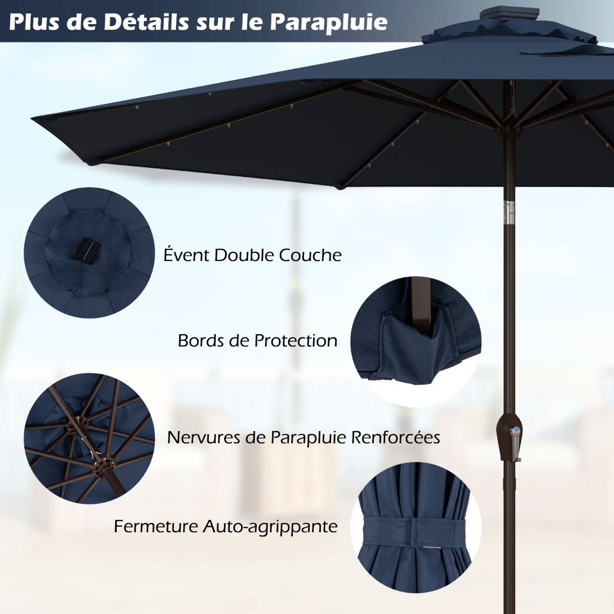 Maison Chic - Parasol Inclinable Dia. 300 cm avec 24 Lumières LED Dolaire en Scier Toile Polyester pour Jardin et Terrasse Bleu Foncé - Image 4