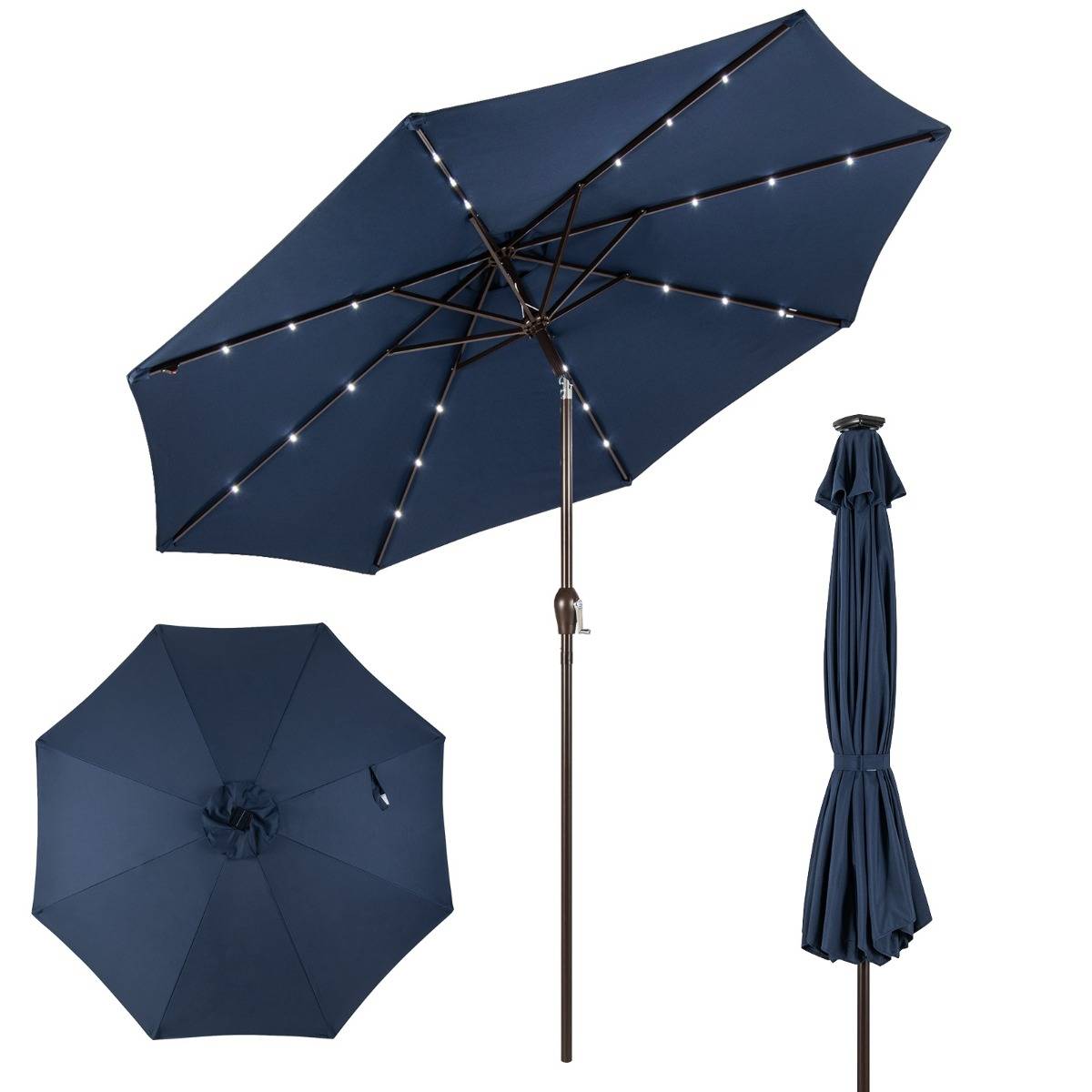 Maison Chic - Parasol Inclinable Dia. 300 cm avec 24 Lumières LED Dolaire en Scier Toile Polyester pour Jardin et Terrasse Bleu Foncé - Image 1