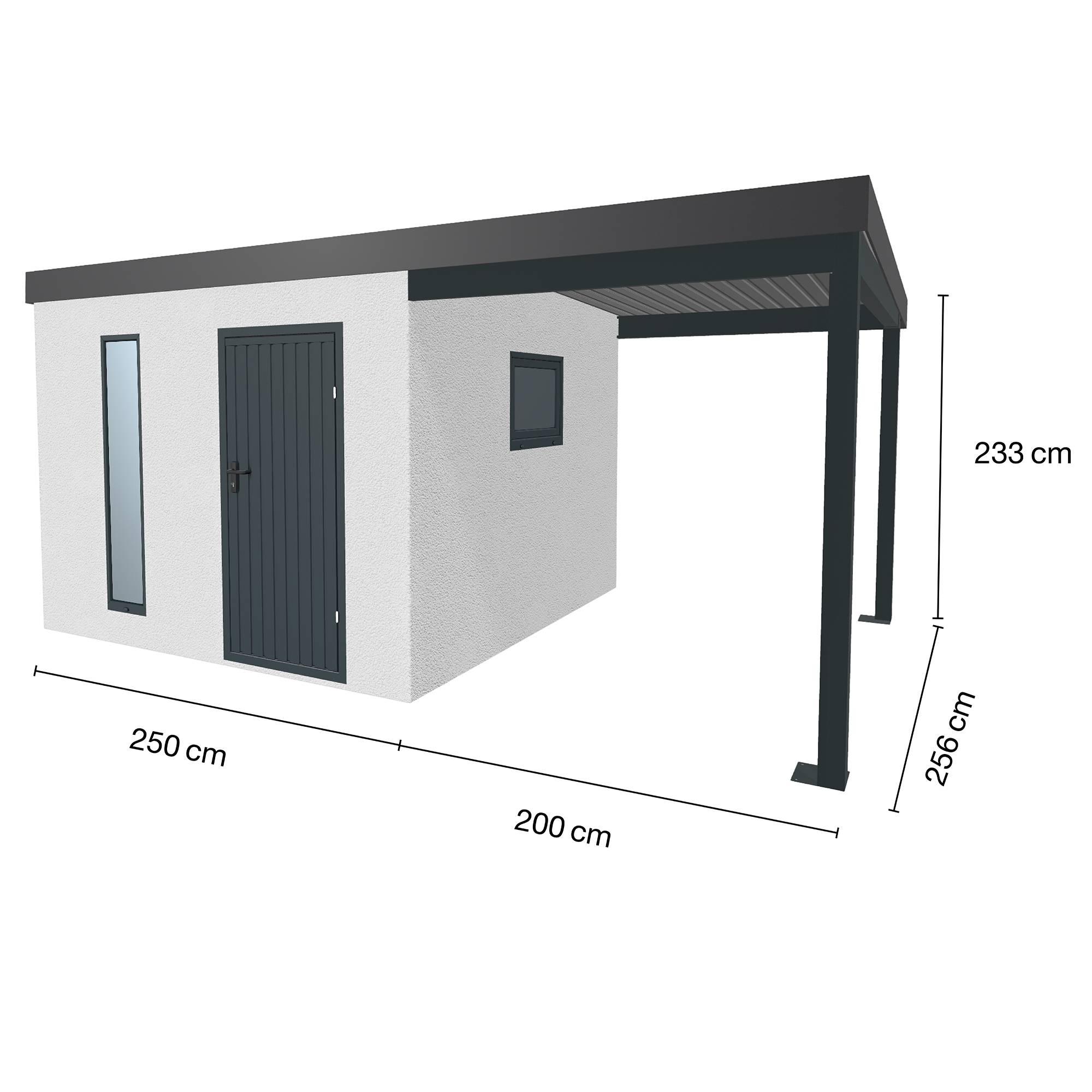Abri de jardin en métal finition crépi 2900 x 2980 mm blanc avec auvent à droite 2000 x 2980 mm anthracite - Image 1