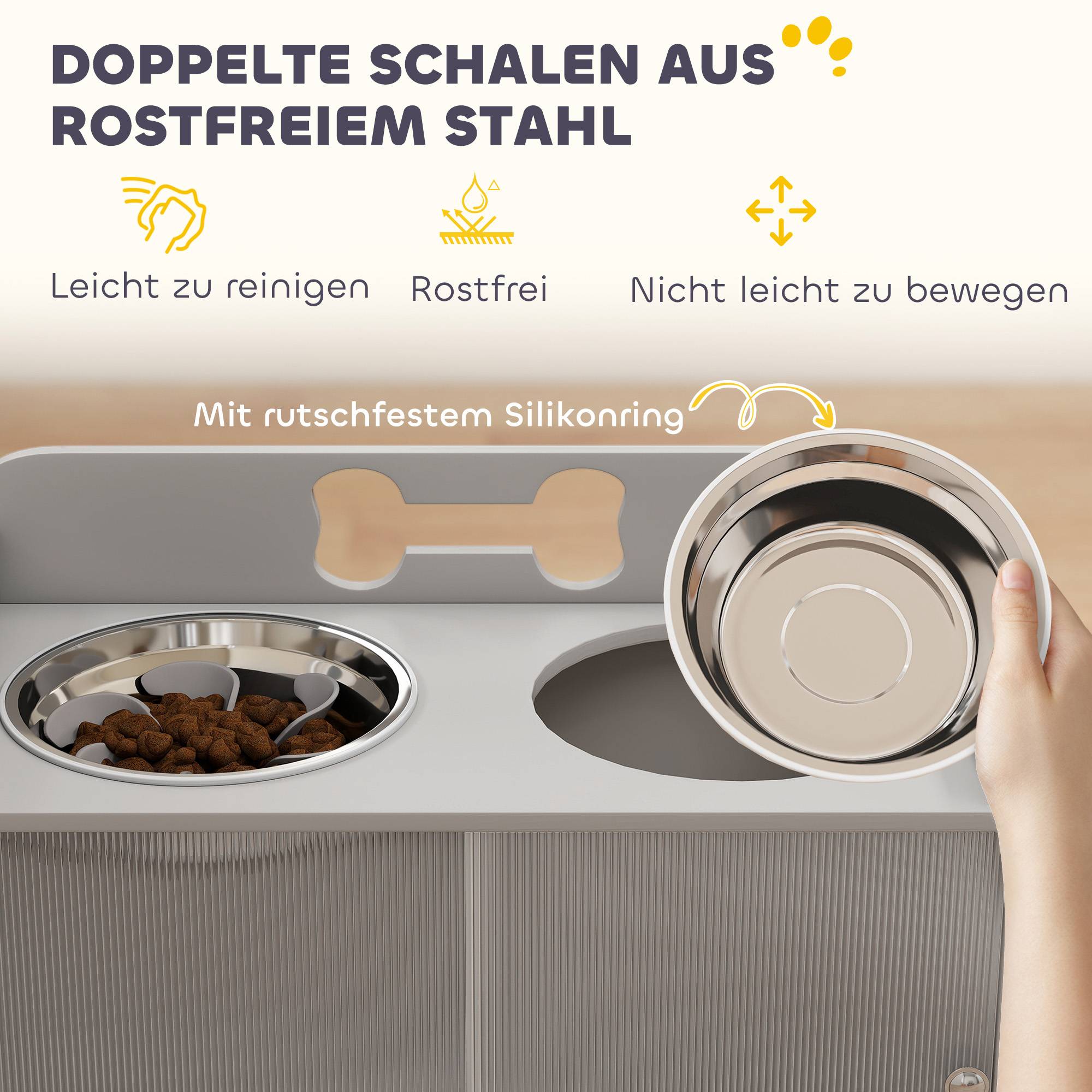Station d'alimentation surélevée avec 2 gamelles et placard, MDF, acier inoxydable, motif os, gris - Image 8