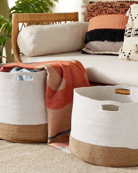 Lot de 2 Paniers en Coton Tressés pour le Linge Blanc et Beige Clair Pour Rangement Déco Bohème - Image 2