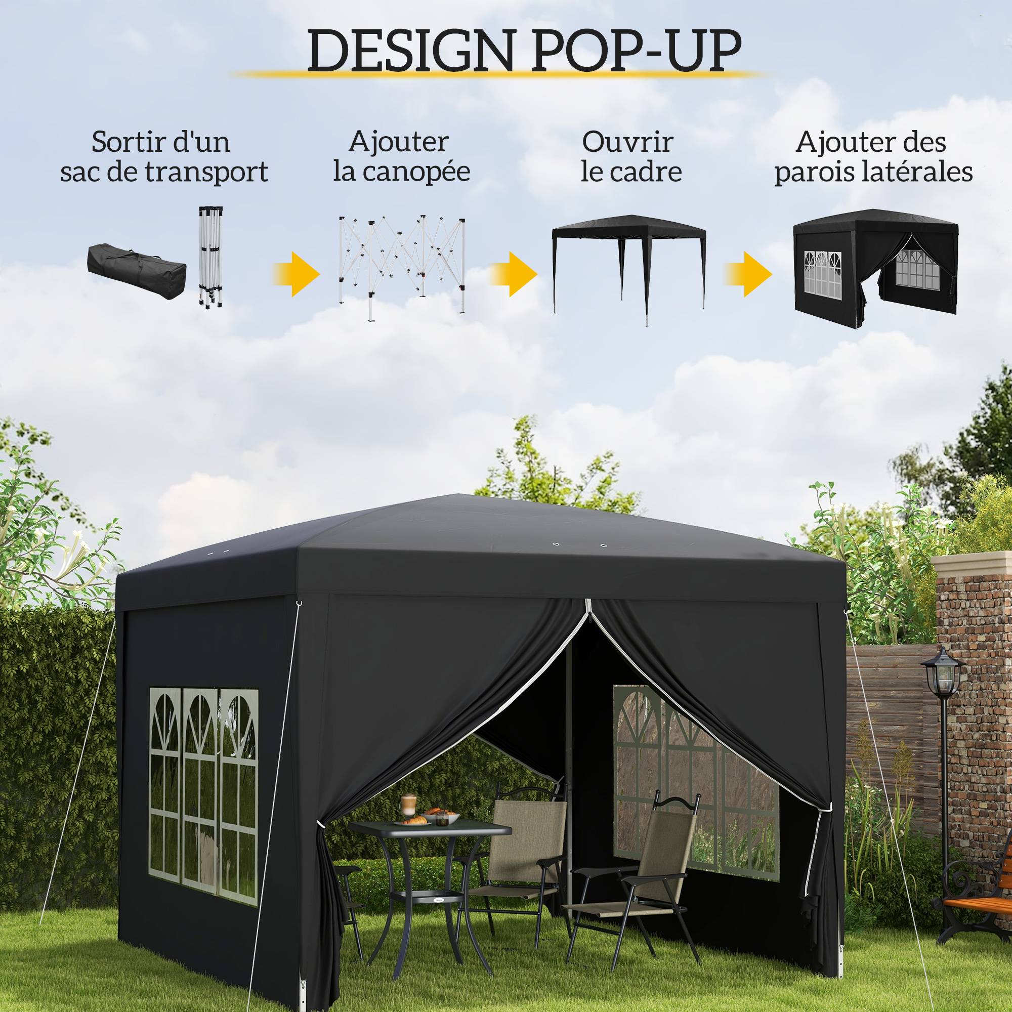 Tonnelle tente de réception barnum pop-up pliant 3 x 3 m 4 parois amovibles + sac de transport noir - Image 6