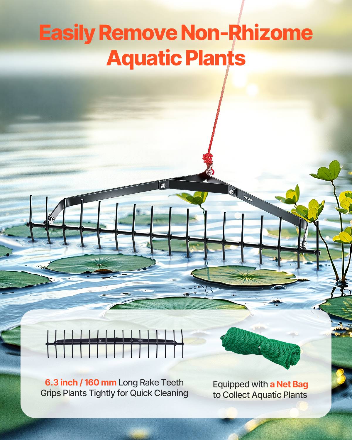 Vevor - VEVOR Râteau à mauvaises herbes aquatiques 810x495x165 mm, acier, corde nylon 9 m et filet inclus, désherbage pour étang, lac, ruisseau. - Image 2