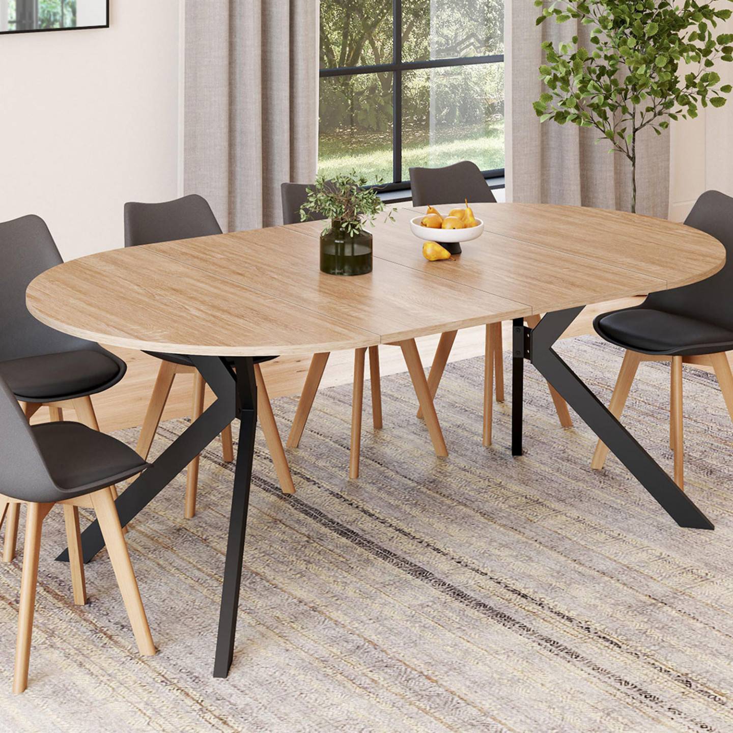 Table à manger extensible ronde ALIX 4-10 personnes pied araignée bois et noir 110-200 cm - Image 1