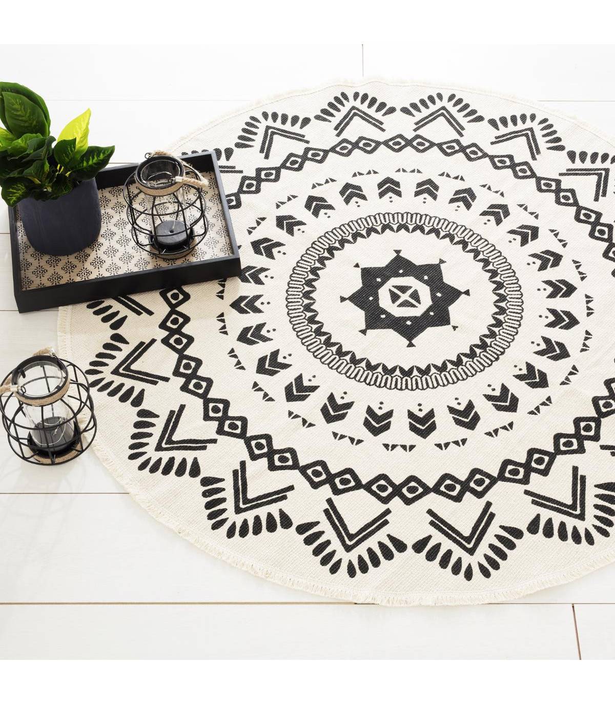 Tapis Rond Noir et Blanc en Coton D 120 cm - Image 4