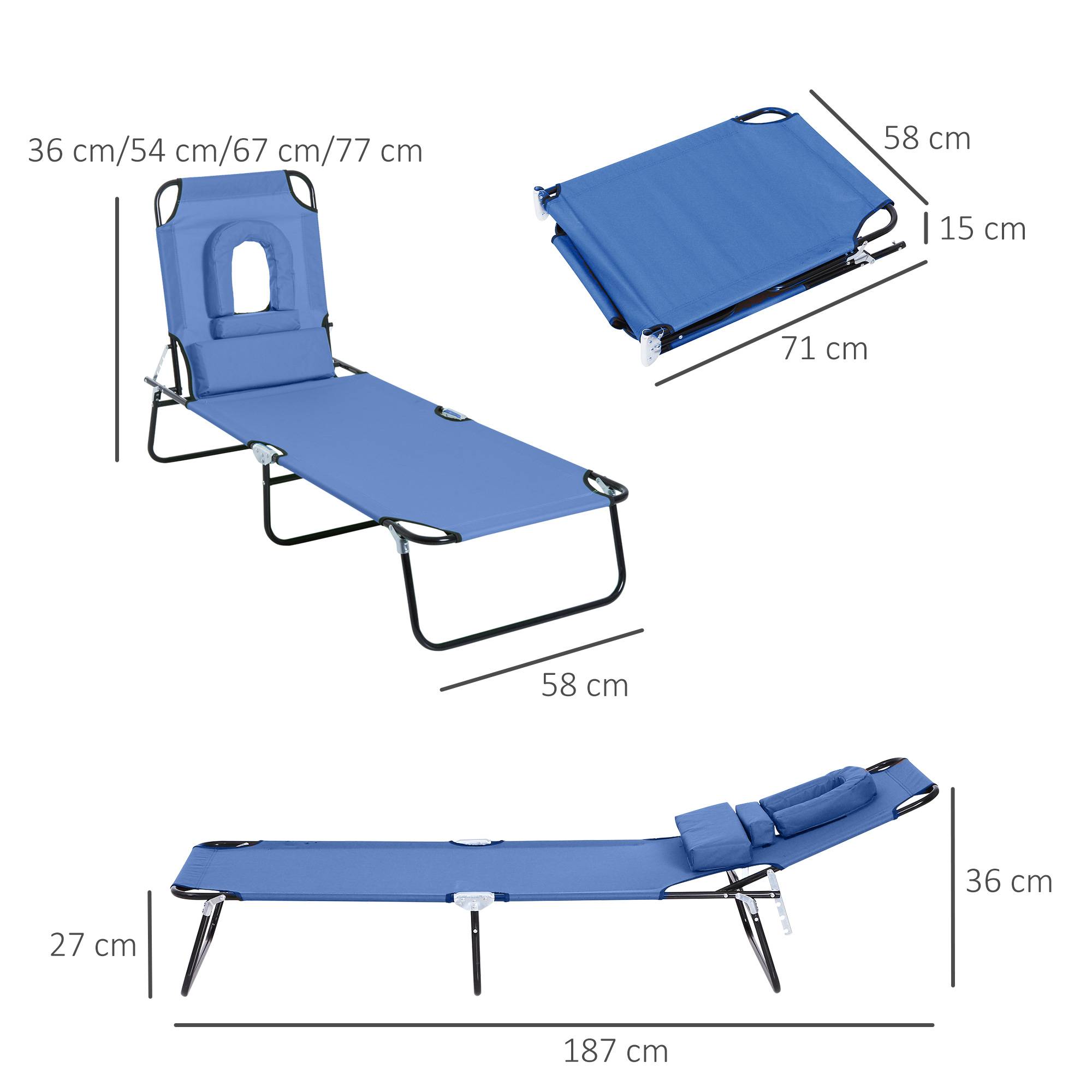 Bain de Soleil Pliable transat inclinable 4 Positions Chaise Longue 3 Coussins fournis Bleu fr105 - Image 5