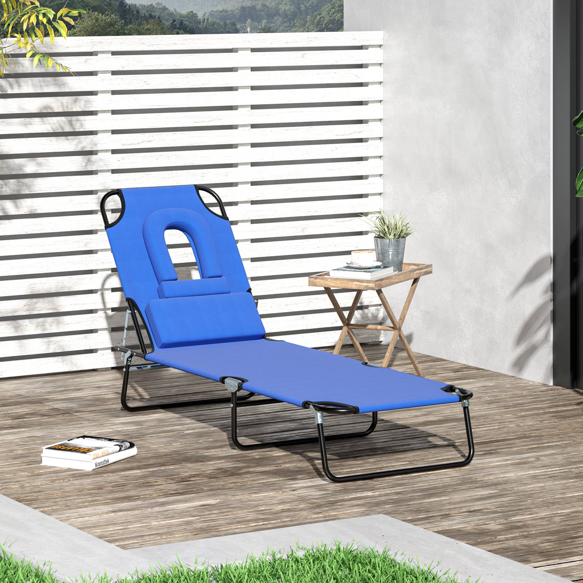 Bain de Soleil Pliable transat inclinable 4 Positions Chaise Longue 3 Coussins fournis Bleu fr105 - Image 4