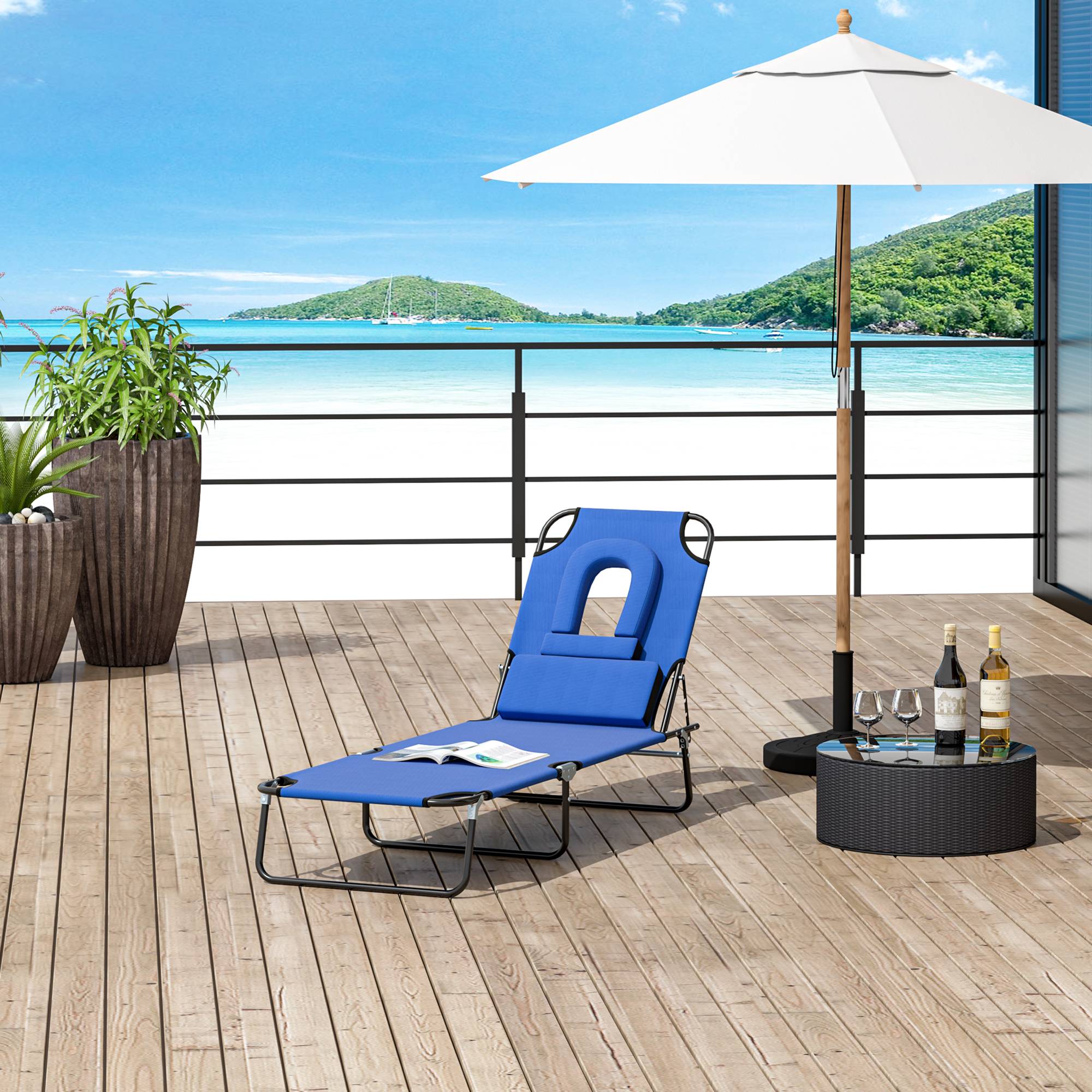 Bain de Soleil Pliable transat inclinable 4 Positions Chaise Longue 3 Coussins fournis Bleu fr105 - Image 3