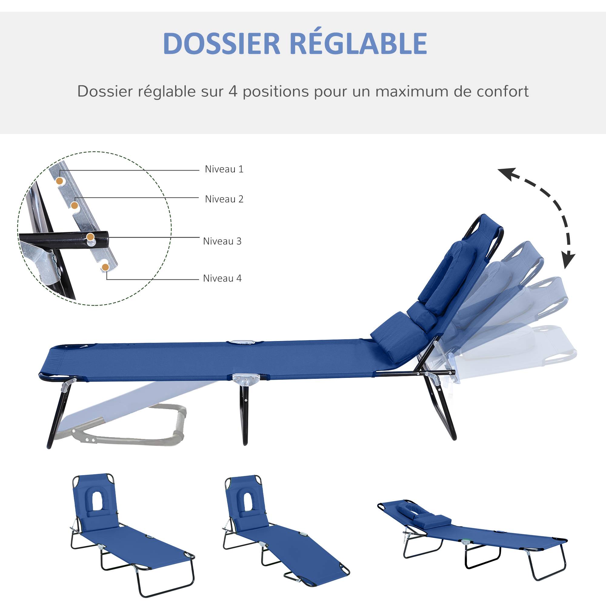 Bain de Soleil Pliable transat inclinable 4 Positions Chaise Longue 3 Coussins fournis Bleu fr105 - Image 6