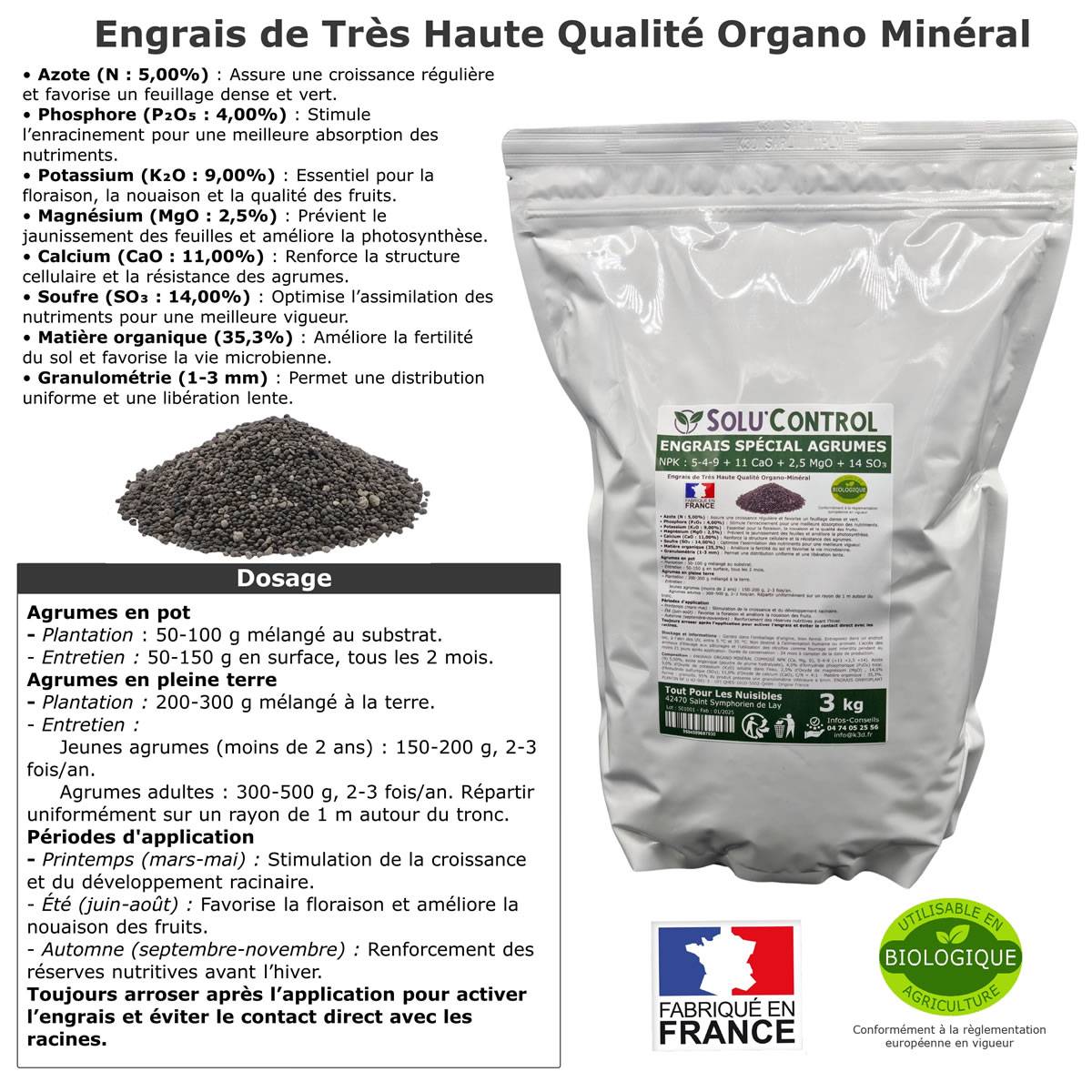 SOLU’CONTROL - Engrais Spécial Agrumes 3 kg - Formulation haute qualité Organo-Minerale - Citronnier, Oranger, Mandarinier, Clémentinier... - Image 2