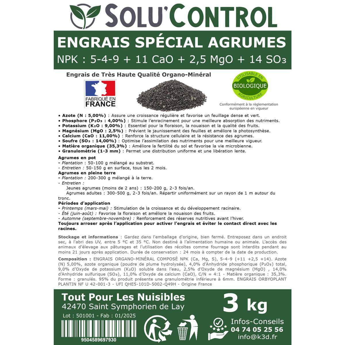 SOLU’CONTROL - Engrais Spécial Agrumes 3 kg - Formulation haute qualité Organo-Minerale - Citronnier, Oranger, Mandarinier, Clémentinier... - Image 3