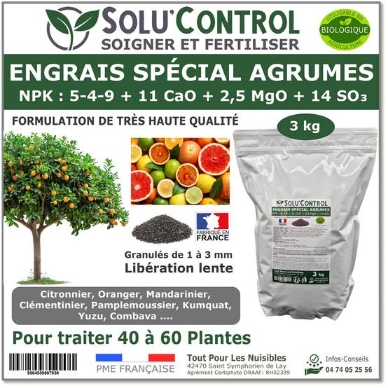 SOLU’CONTROL - Engrais Spécial Agrumes 3 kg - Formulation haute qualité Organo-Minerale - Citronnier, Oranger, Mandarinier, Clémentinier... - Image 1