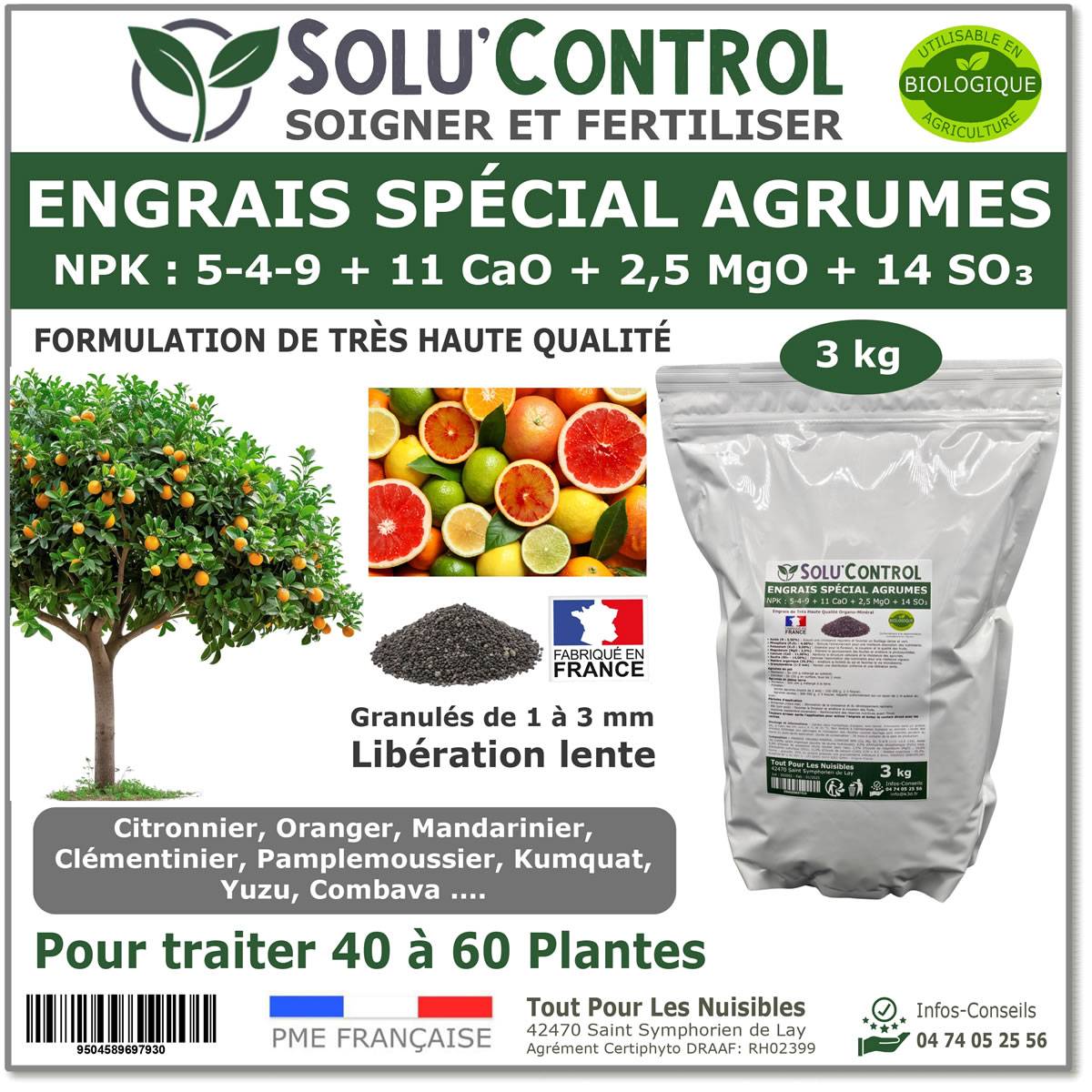 SOLU’CONTROL - Engrais Spécial Agrumes 3 kg - Formulation haute qualité Organo-Minerale - Citronnier, Oranger, Mandarinier, Clémentinier... - Image 1