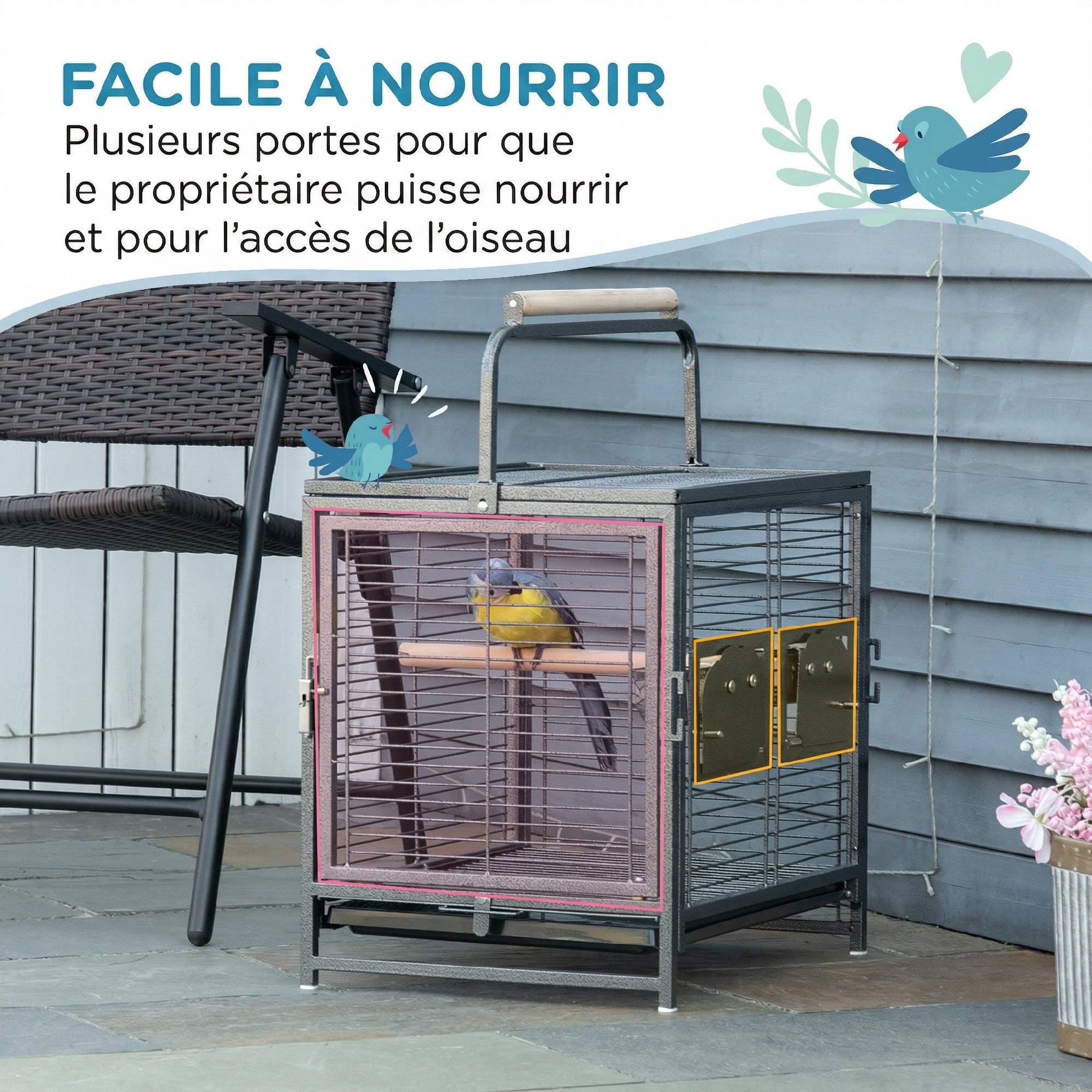 Cage de transport en acier pour perroquets, cage à oiseaux avec 2 bols en acier inoxydable, 2 perchoirs, plateau, noir - Image 7
