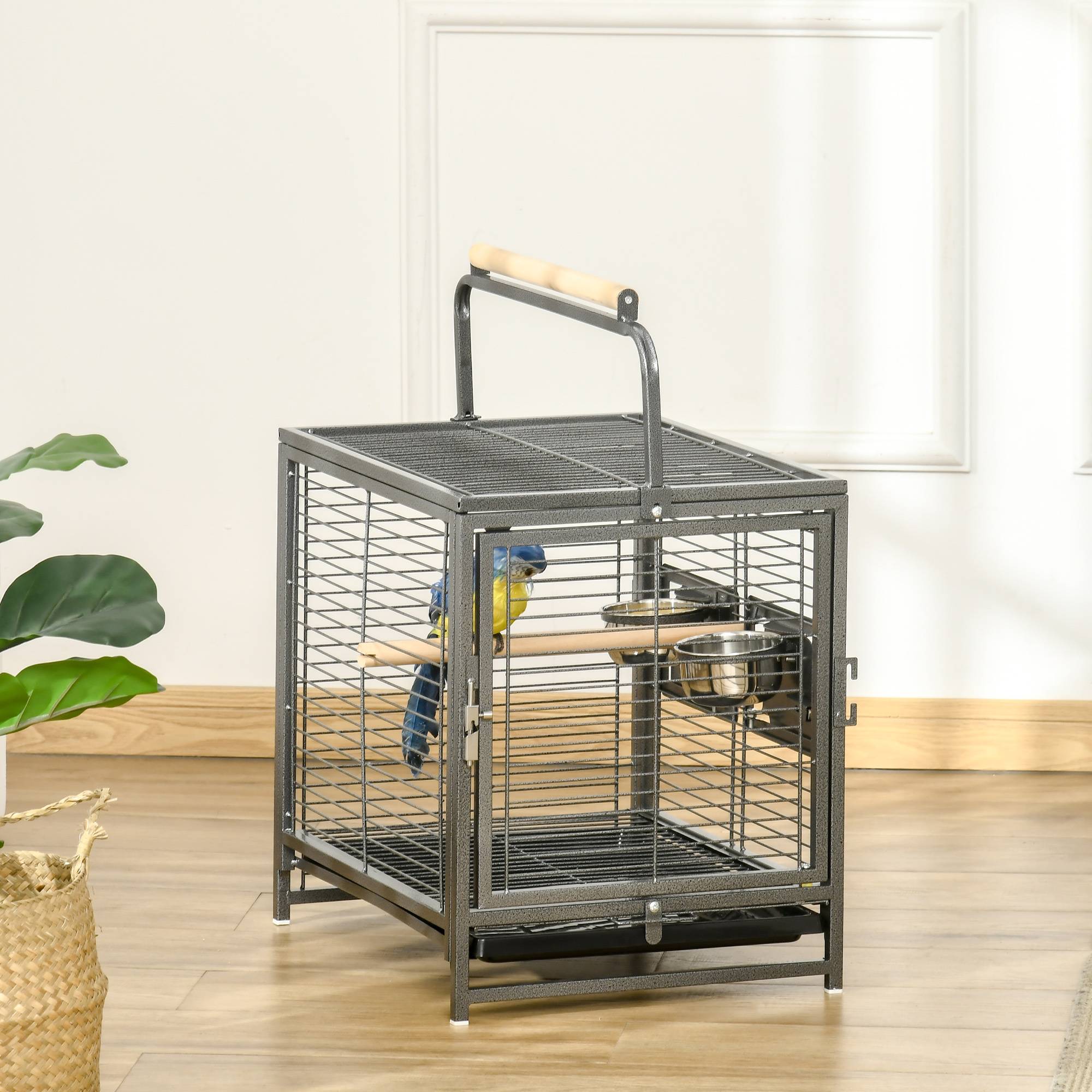 Cage de transport en acier pour perroquets, cage à oiseaux avec 2 bols en acier inoxydable, 2 perchoirs, plateau, noir - Image 4