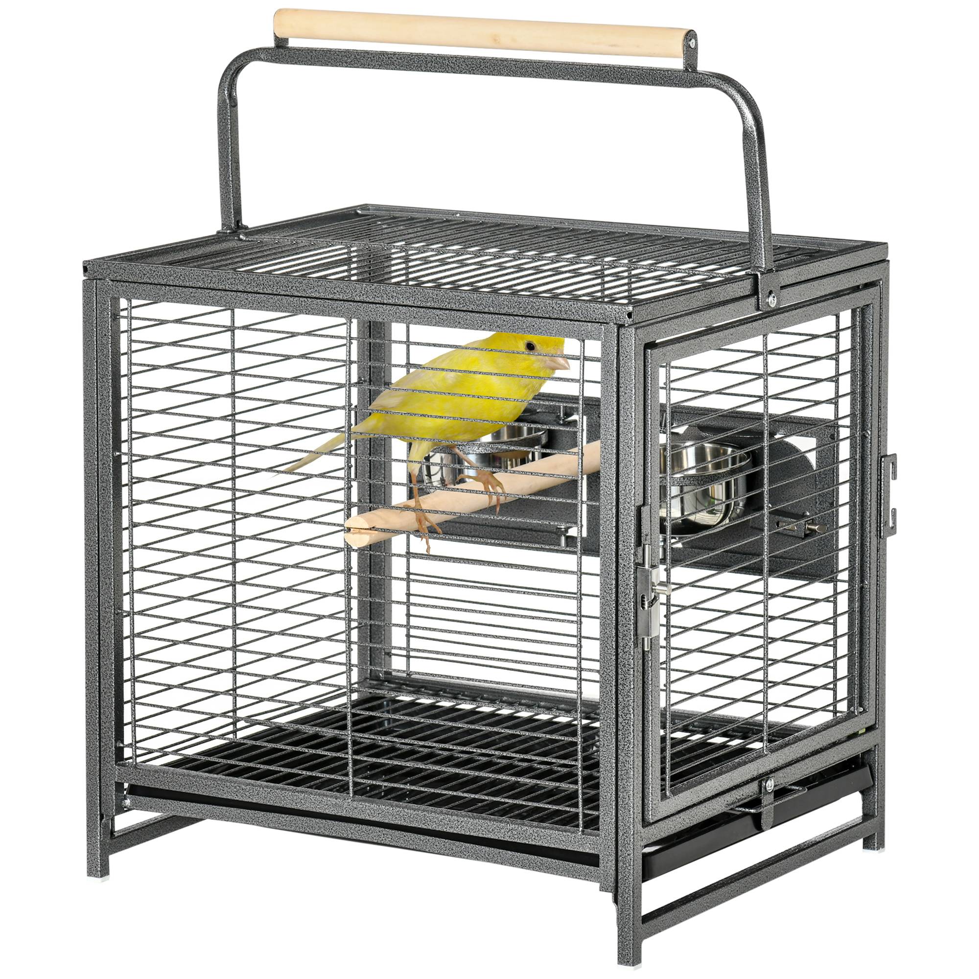 Cage de transport en acier pour perroquets, cage à oiseaux avec 2 bols en acier inoxydable, 2 perchoirs, plateau, noir - Image 2
