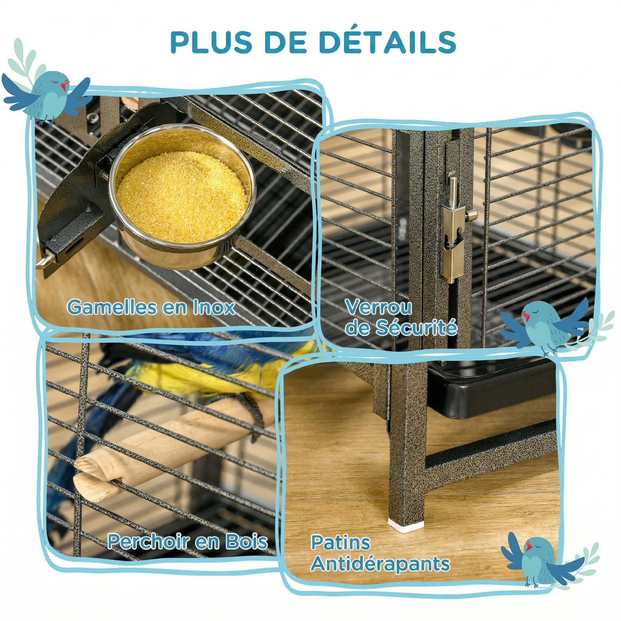 Cage de transport en acier pour perroquets, cage à oiseaux avec 2 bols en acier inoxydable, 2 perchoirs, plateau, noir - Image 8