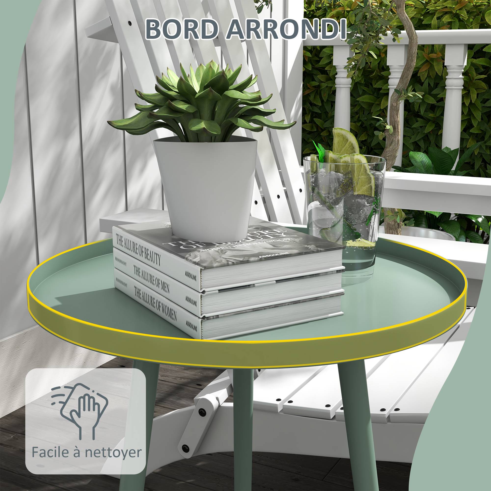 Table basse de jardin ronde, table d'appoint extérieur avec bord rond en acier, dim. Ø40 x 50H cm vert - Image 8