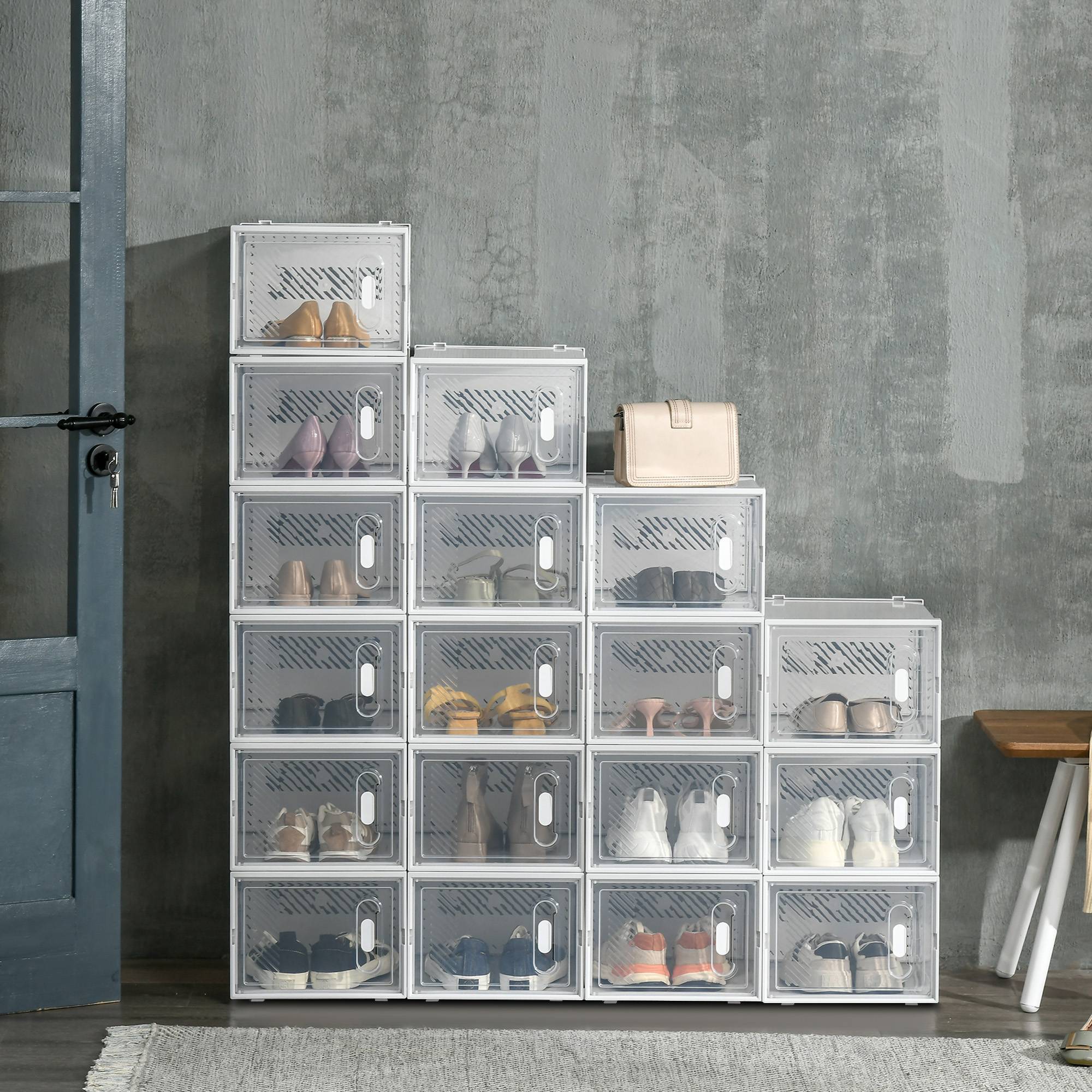 Lot de 18 boîtes à chaussures empilables jusqu’à pointure 45, portes magnétiques, plastique, 28x36x21 cm - Image 3
