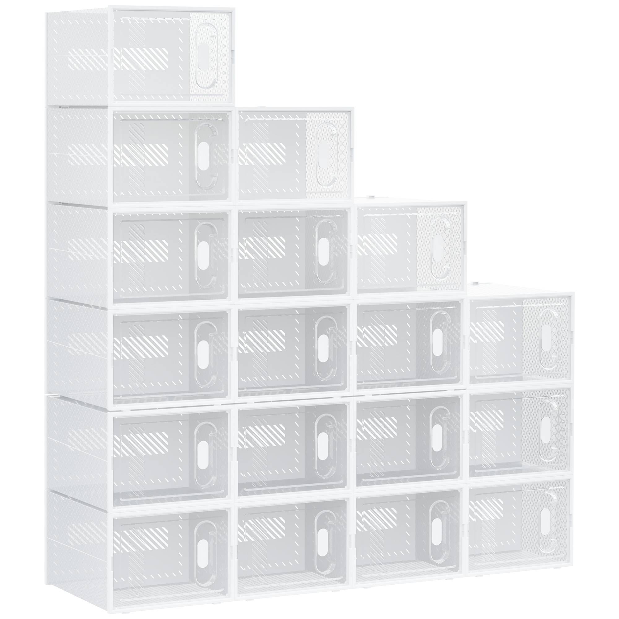 Lot de 18 boîtes à chaussures empilables jusqu’à pointure 45, portes magnétiques, plastique, 28x36x21 cm
