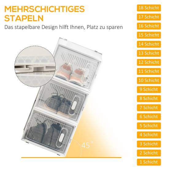 Lot de 18 boîtes à chaussures empilables jusqu’à pointure 45, portes magnétiques, plastique, 28x36x21 cm - Image 6